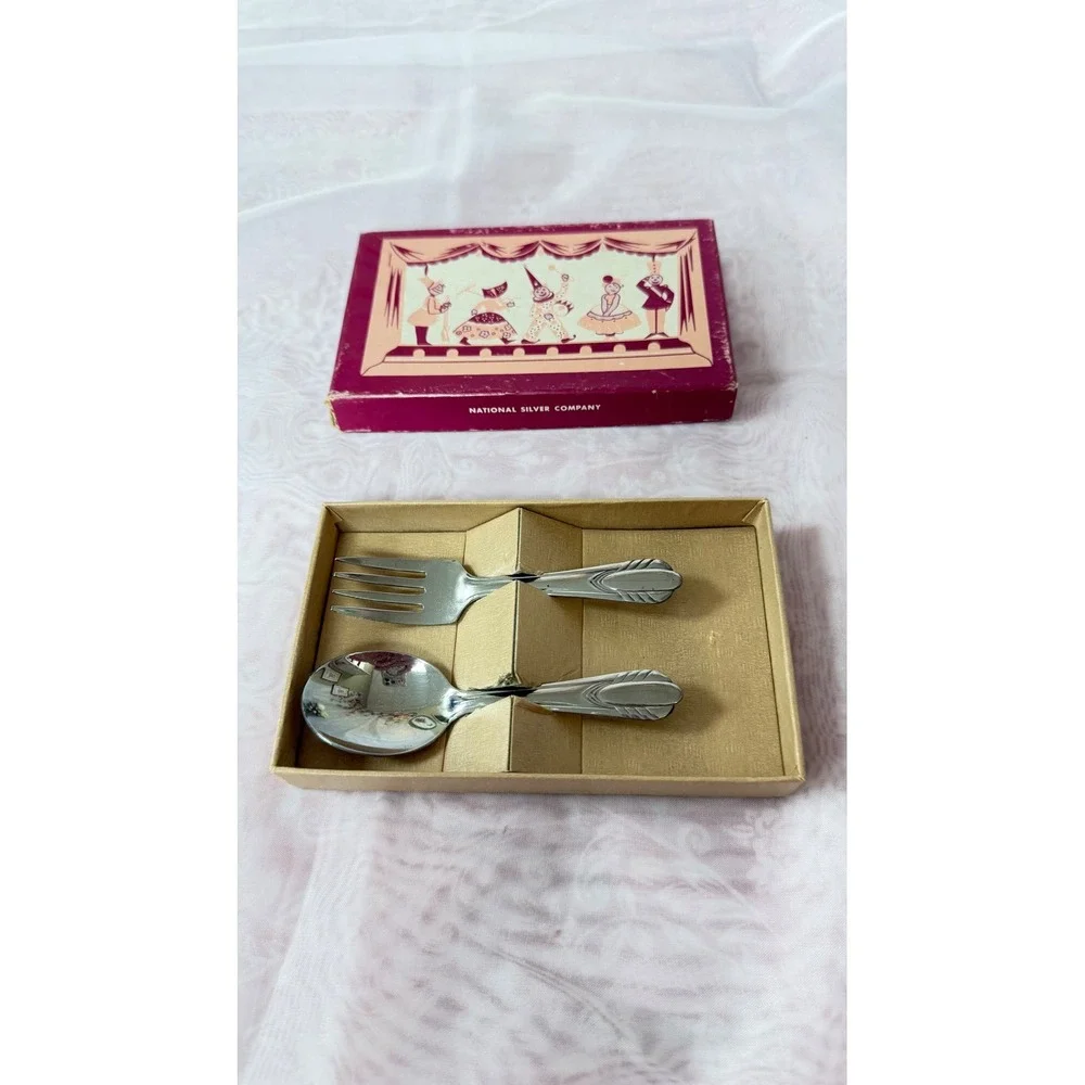 Vintage National Silver Company Baby Spoon and Fork Set Circus Box Stainless